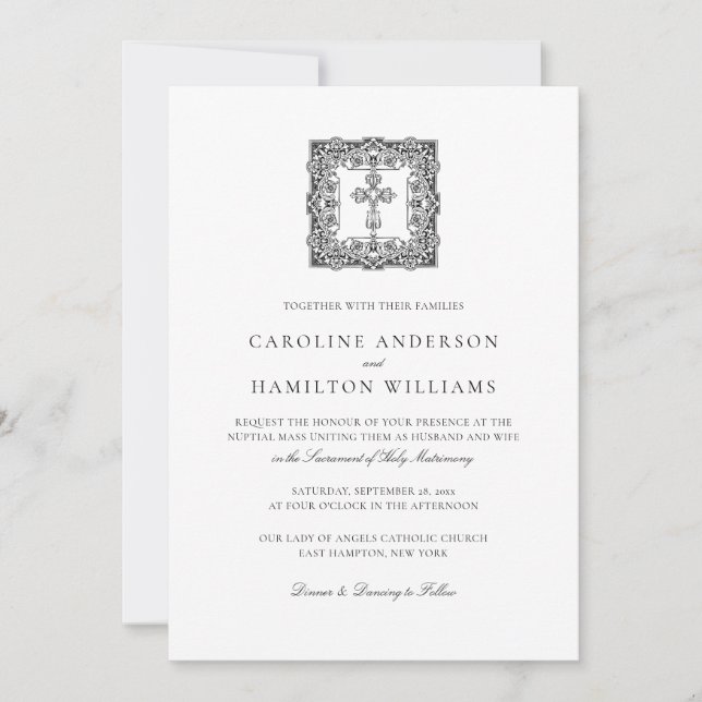 Elegant Simple Black Script Catholic Wedding Invitation (Front)