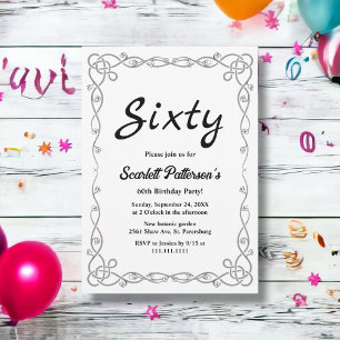 Elegant Simple Black & White Floral 60th Birthday Invitation