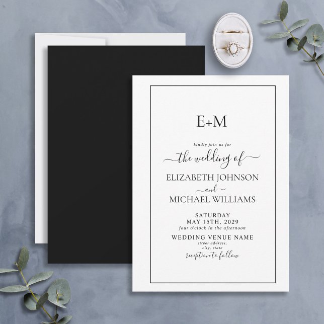 Elegant Simple Black White Formal Monogram Wedding Invitation (Creator Uploaded)