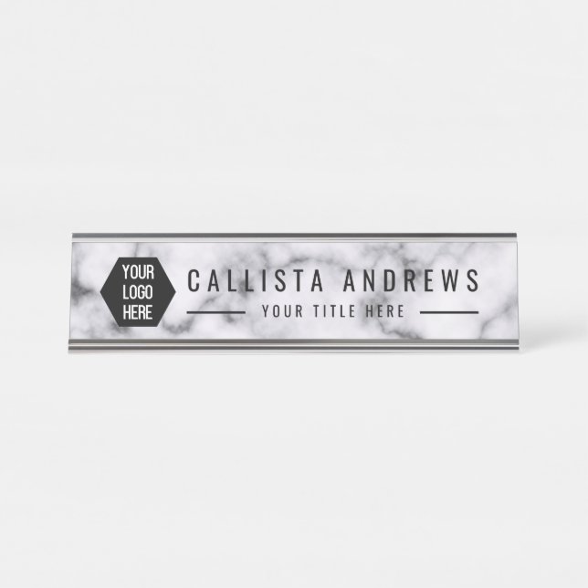 Elegant Simple Black White Marble Logo Nameplate (Front)