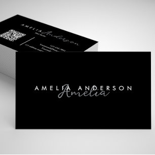 Elegant Simple Black White Script QR code Business Business Card