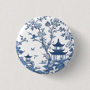 Elegant simple Blue White Flower chinoiserie style 1 Inch Round Button