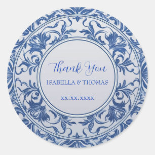 Elegant simple Blue White Flower chinoiserie style Classic Round Sticker