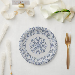 Elegant simple Blue White Flower chinoiserie style Paper Plate