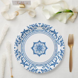 Elegant simple Blue White Flower chinoiserie style Paper Plate