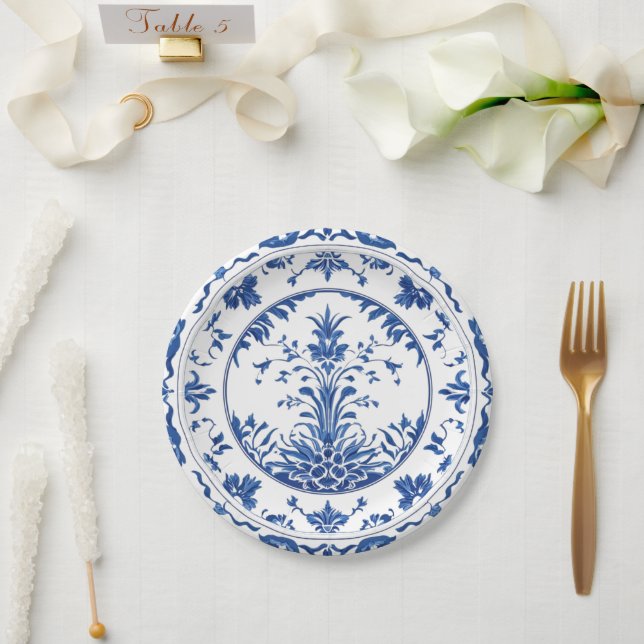 Elegant simple Blue White Flower chinoiserie style Paper Plate (Wedding)