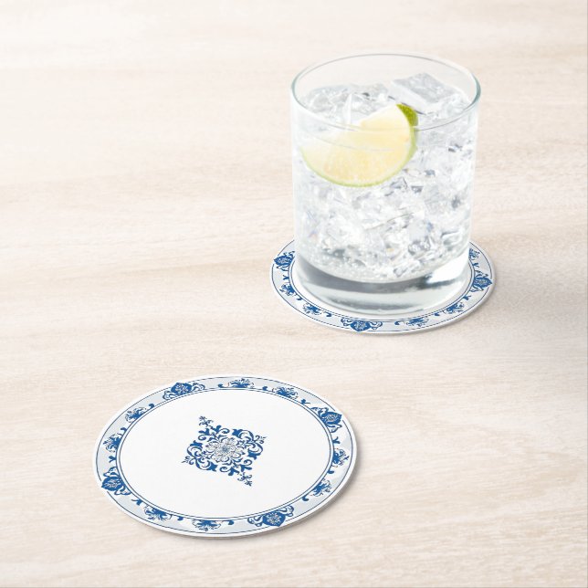 Elegant simple Blue White Flower chinoiserie style Round Paper Coaster (Insitu)