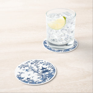 Elegant simple Blue White Flower chinoiserie style Round Paper Coaster