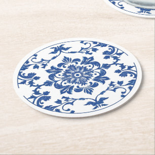 Elegant simple Blue White Flower chinoiserie style Round Paper Coaster