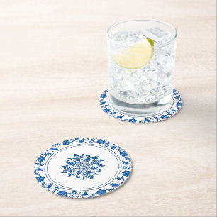Elegant simple Blue White Flower chinoiserie style Round Paper Coaster