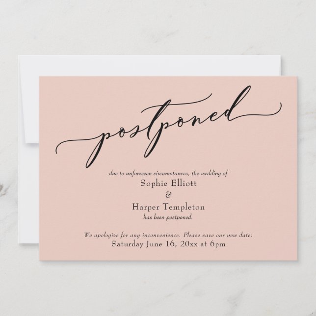 Elegant Simple Blush Pink Postponed Wedding Card (Front)