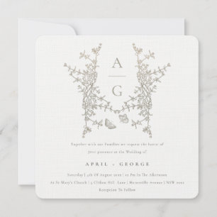 Elegant Simple Botanical Crest Monogram Wedding Invitation