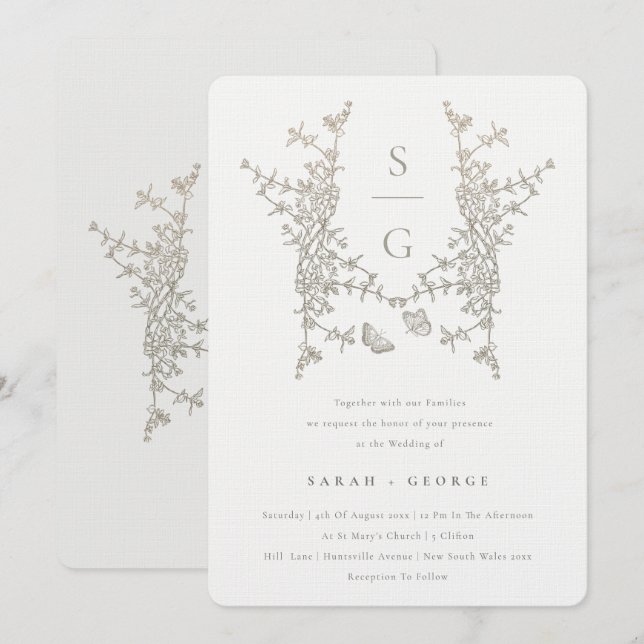 Elegant Simple Botanical Crest Monogram Wedding Invitation (Front/Back)
