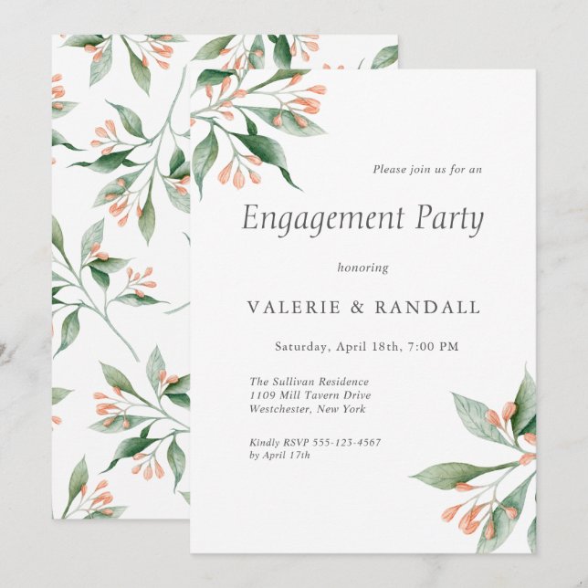 Elegant Simple Botanical Engagement Party Invitation (Front/Back)