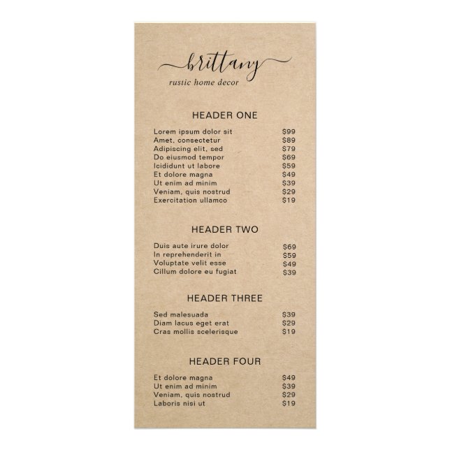 Elegant Simple Brown Rustic Price List Rack Card (Front)