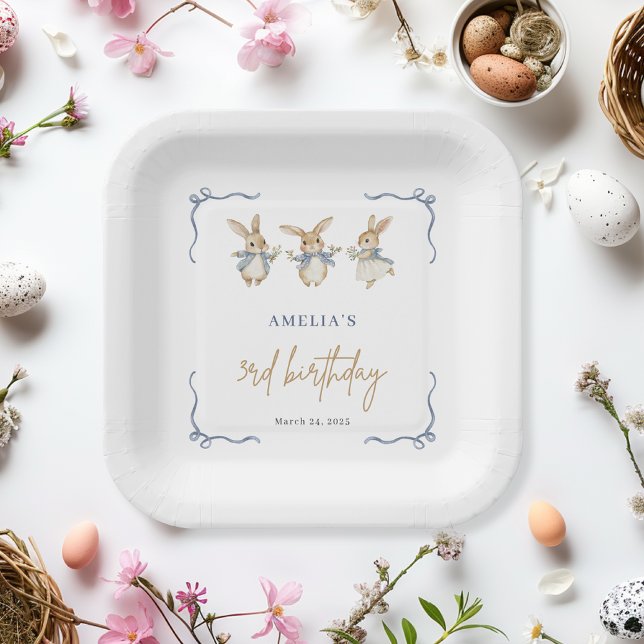 Elegant Simple Bunny Kid Easter 3rd Birthday Party Paper Plate (Creator Uploaded)
