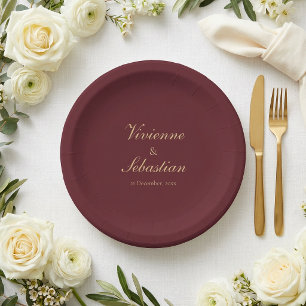 Elegant Simple Burgundy Script Minimalist Wedding Paper Plate