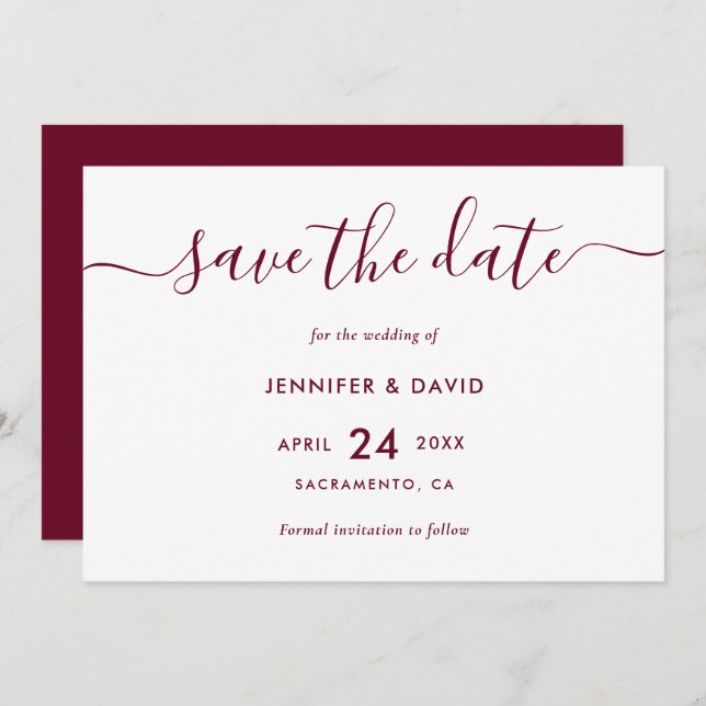 Elegant Simple Burgundy Wedding Save The Date (Front/Back)