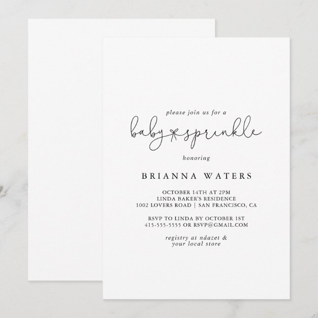 Elegant Simple Calligraphy Baby Sprinkle  Invitation (Front/Back)