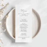 Elegant Simple Calligraphy Dinner Menu<br><div class="desc">This elegant simple calligraphy dinner menu card is perfect for a rustic wedding. The simple and elegant design features classic and fancy script typography in black and white.
This menu can be used for a wedding reception,  rehearsal dinner,  bridal shower or any event.</div>