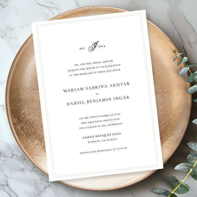 Elegant Simple Calligraphy Monogram White Wedding Invitation (Creator Uploaded)