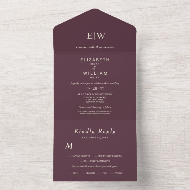 Elegant Simple Cherry Lacquer, Monogram Wedding All In One Invitation (Inside)