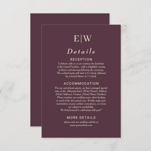 Elegant Simple Cherry Lacquer, Monogram Wedding Enclosure Card (Front/Back)