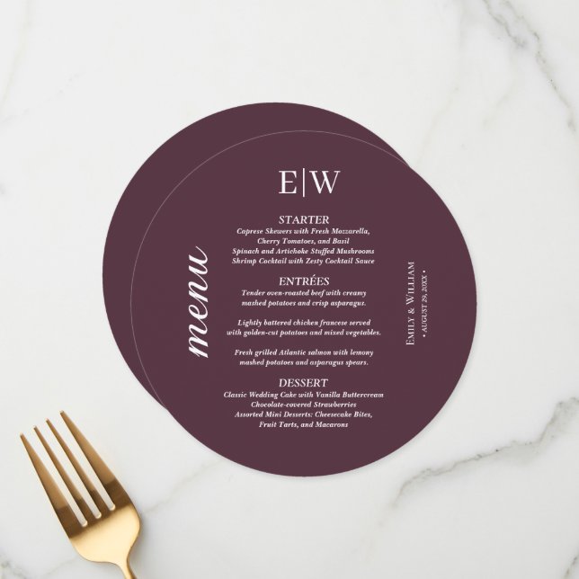 Elegant Simple Cherry Lacquer, Monogram Wedding Menu (Front/Back In Situ)