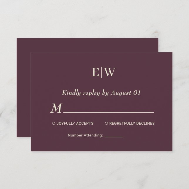 Elegant Simple Cherry Lacquer, Monogram Wedding RSVP Card (Front/Back)