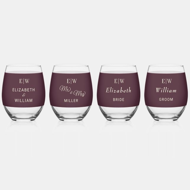Elegant Simple Cherry Lacquer, Monogram Wedding Stemless Wine Glass (Front)