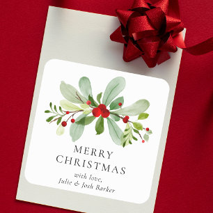 Elegant Simple Christmas Watercolor Botanical  Square Sticker