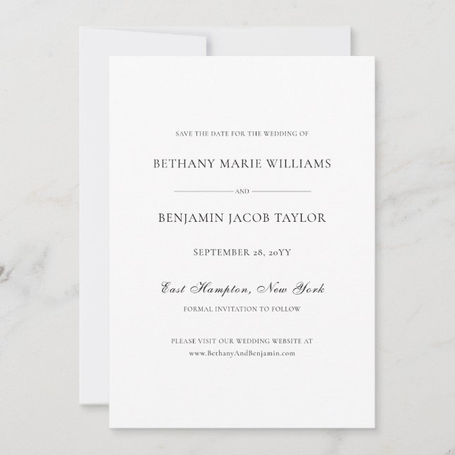 Elegant Simple Classic Black and White Wedding Save The Date (Front)