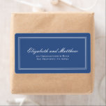 Elegant Simple Classic Blue Wedding Return Address<br><div class="desc">Composed of simple straight lined frames with classic cursive script and serif typography. These elements are simple,  timeless,  and classic.. 

This is designed by White Paper Birch Co. exclusive for Zazzle.

Available here:
http://www.zazzle.com/store/whitepaperbirch</div>