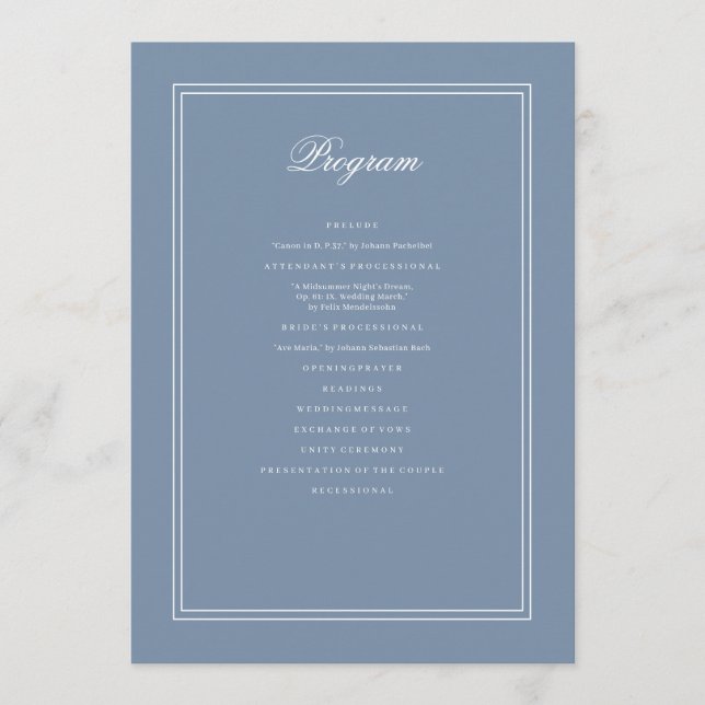 Elegant Simple Classic Faded Blue & White Wedding Program (Front)