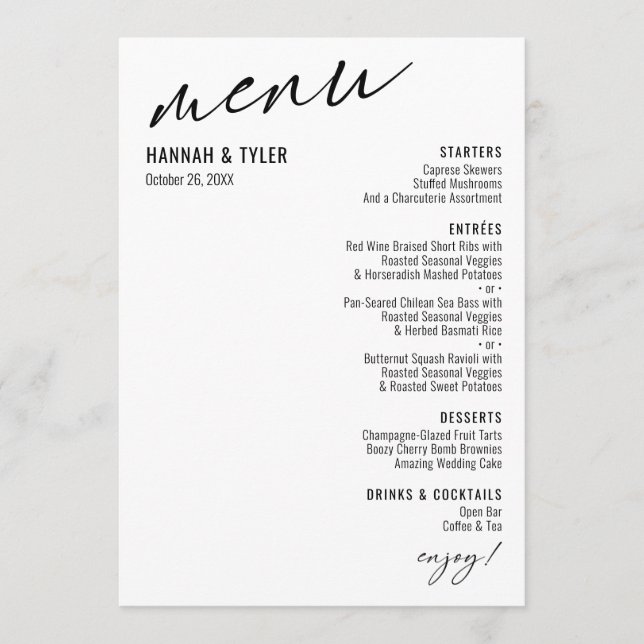 Elegant Simple Contemporary Typography Black White Menu (Front)