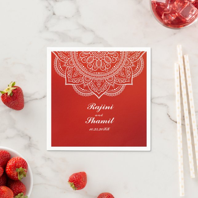 Elegant simple Crimson and White Mandala Paisley Napkin (Insitu)