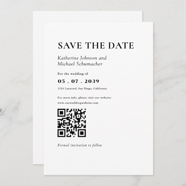 Elegant & Simple details & QR Code Wedding Save The Date (Front/Back)