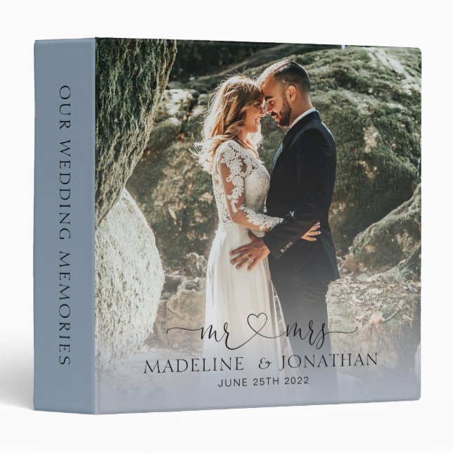 Elegant Simple Dusty Blue Mr Mrs Photo Wedding Binder (Front/Spine)