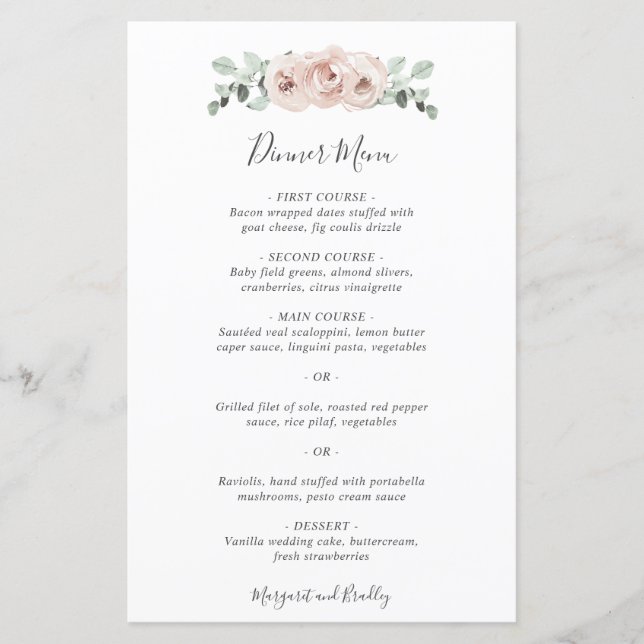 Elegant Simple Dusty Rose Floral Wedding Menu (Front)