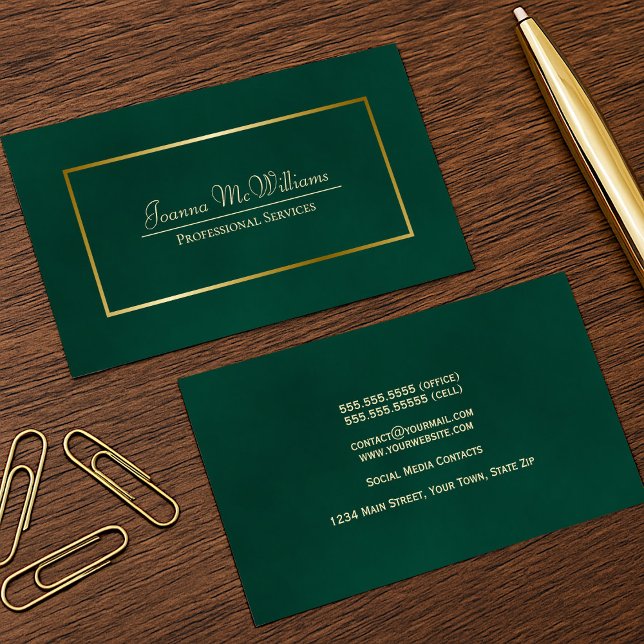 Elegant Simple Emerald Green & Gold Professional Business Card (Front/Back)