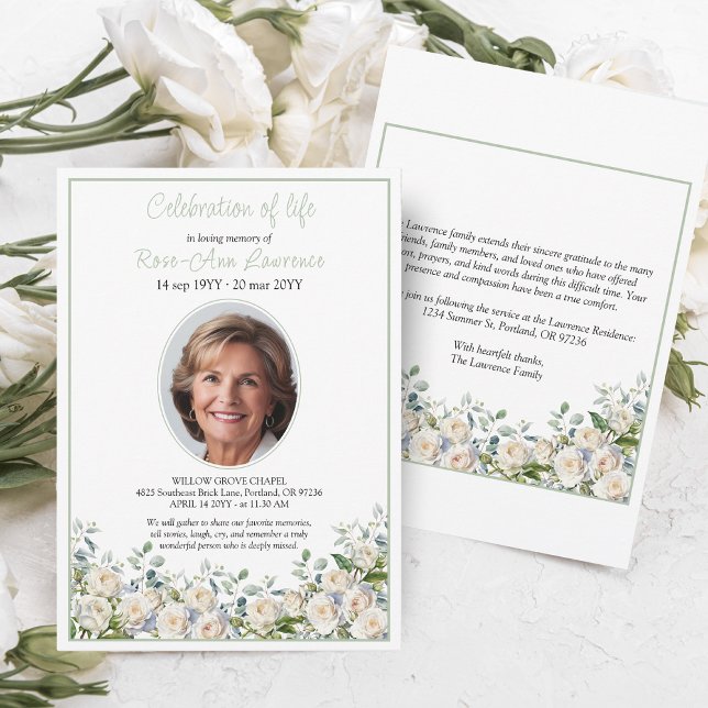 Elegant simple eucalyptus white rose photo funeral invitation (Creator Uploaded)