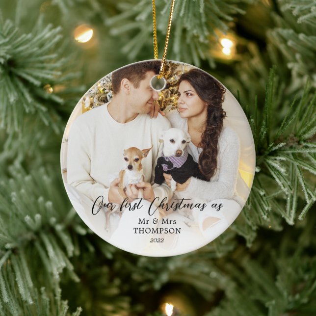Elegant Simple First Christmas as Mr & Mrs Photo Ceramic Ornament (Tree)