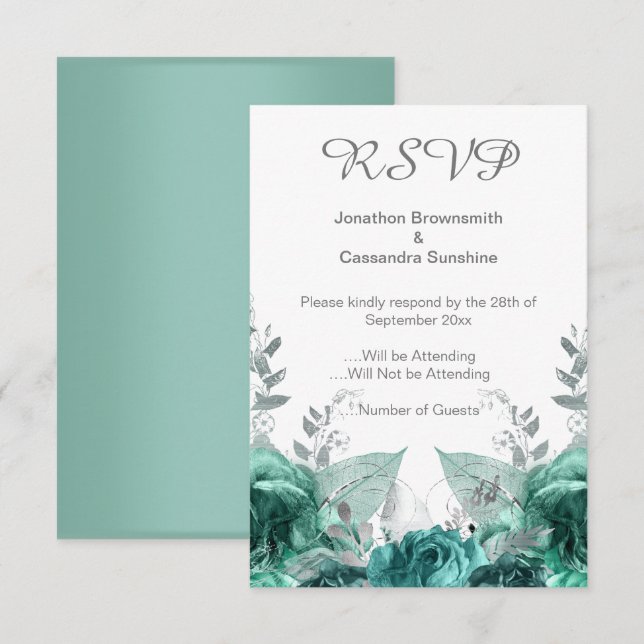 ELEGANT SIMPLE FLORAL GREEN METALLIC  RSVP INVITATION (Front/Back)