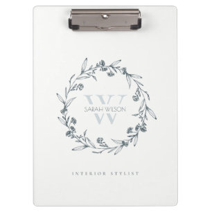 Elegant Simple Floral Laurel Wreath Monogram Clipboard
