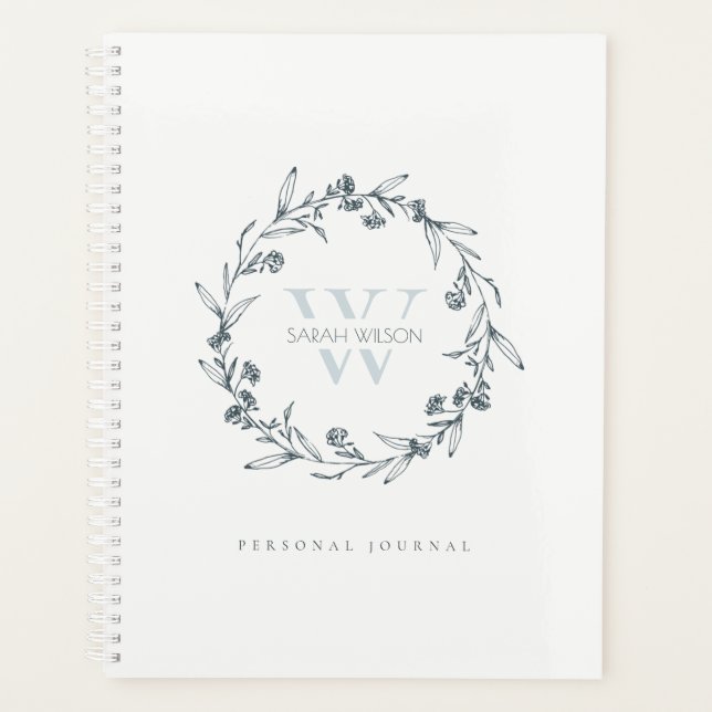 Elegant Simple Floral Laurel Wreath Monogram Planner (Front)