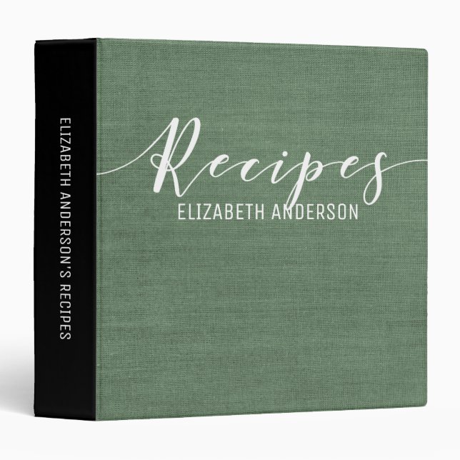 Elegant Simple Forest Green Linen Recipe Cookbook Binder (Front/Spine)