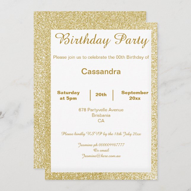 ELEGANT SIMPLE GOLD  AND WHITE GLITTER BIRTHDAY INVITATION (Front/Back)