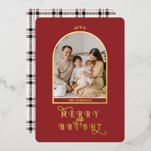 Elegant Simple Gold Arch Family Photo w Red Plaid Foil Holiday Card
