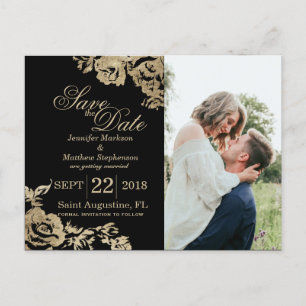 Elegant Simple Gold Black Floral Save the Date Announcement Postcard