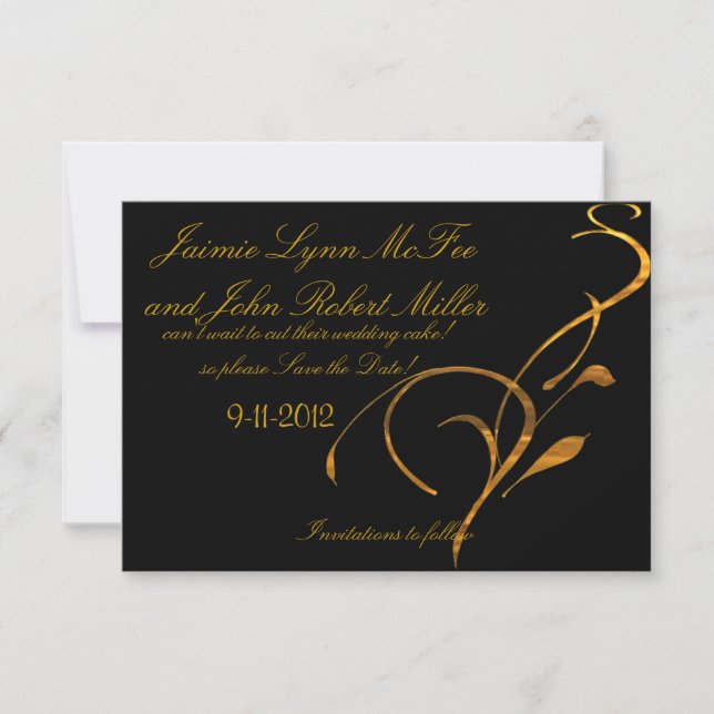 Elegant Simple Gold Black Scroll Save the Date Car (Front)